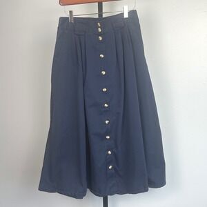 Navy Blue Midi Skirt Button Front A-Line Full Pleated Cottagecore Size 10